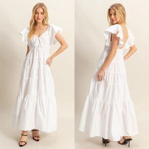 NEW HYFVE White Flutter Sleeve Tiered Cotton Maxi Dress Size Small
